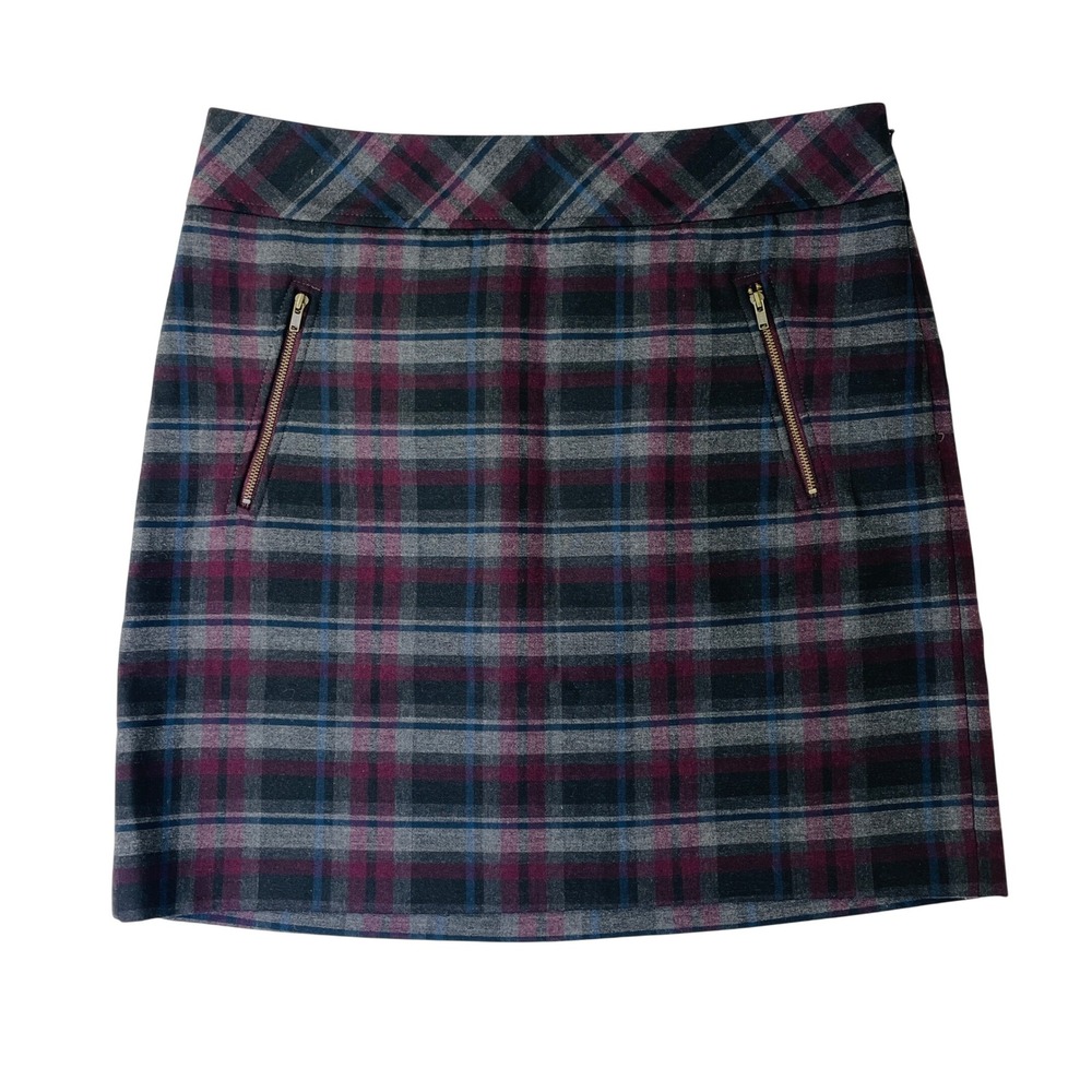 Ann Taylor LOFT Plaid Mini Skirt Burgundy Grey Zipper Pockets Womens Size 8